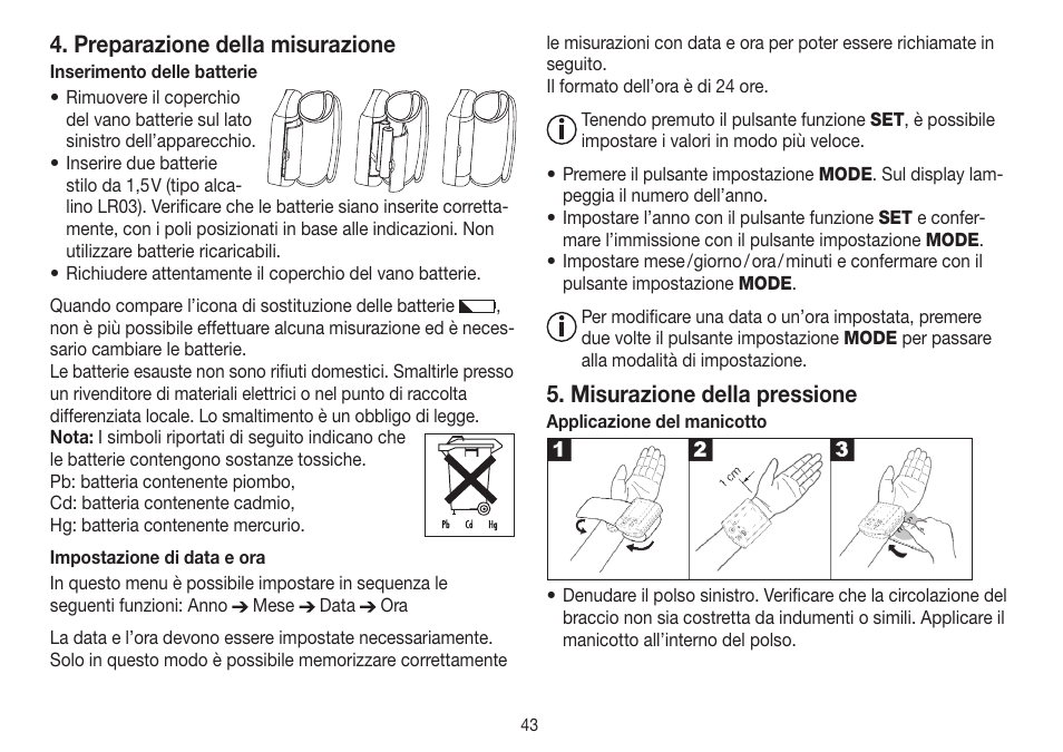 Preparazione della misurazione, Misurazione della pressione | Beurer BC 30 User Manual | Page 43 / 80