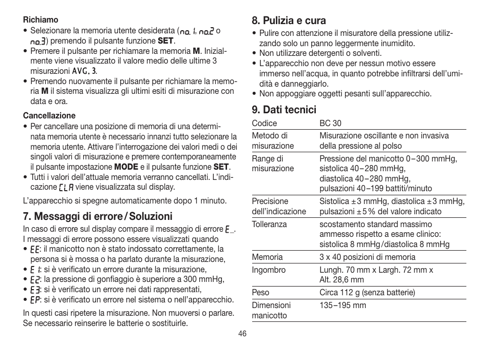 Messaggi di errore / soluzioni, Pulizia e cura, Dati tecnici | Beurer BC 30 User Manual | Page 46 / 80