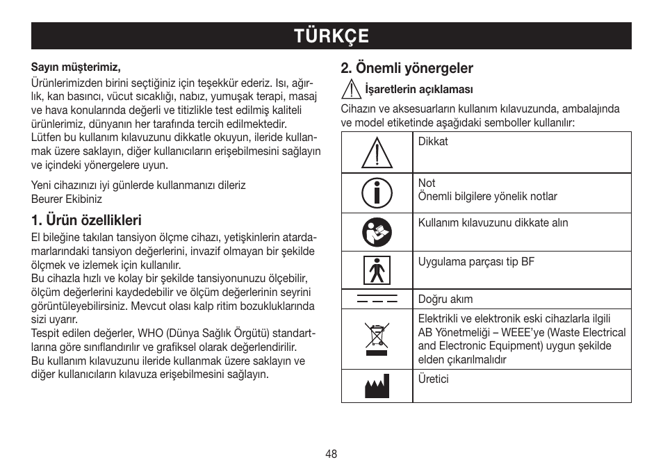 Türkçe, Ürün özellikleri, Önemli yönergeler | Beurer BC 30 User Manual | Page 48 / 80