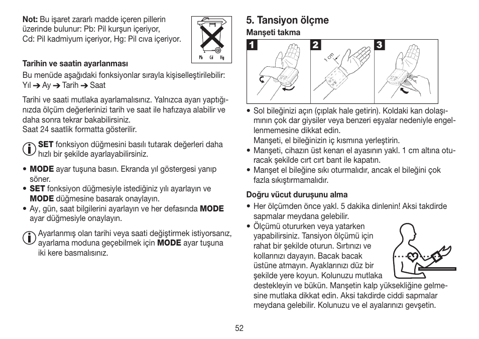 Tansiyon ölçme | Beurer BC 30 User Manual | Page 52 / 80