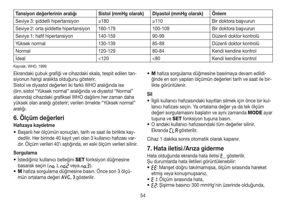 Ölçüm değerleri, Hata iletisi /arıza giderme | Beurer BC 30 User Manual | Page 54 / 80