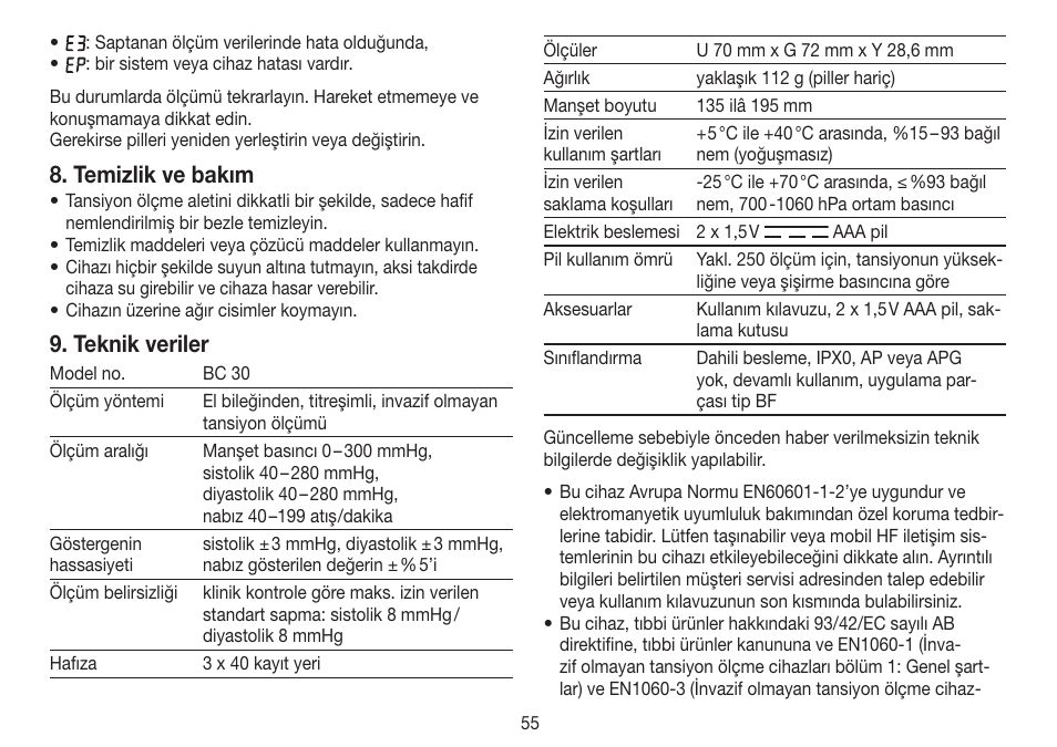 Temizlik ve bakım, Teknik veriler | Beurer BC 30 User Manual | Page 55 / 80