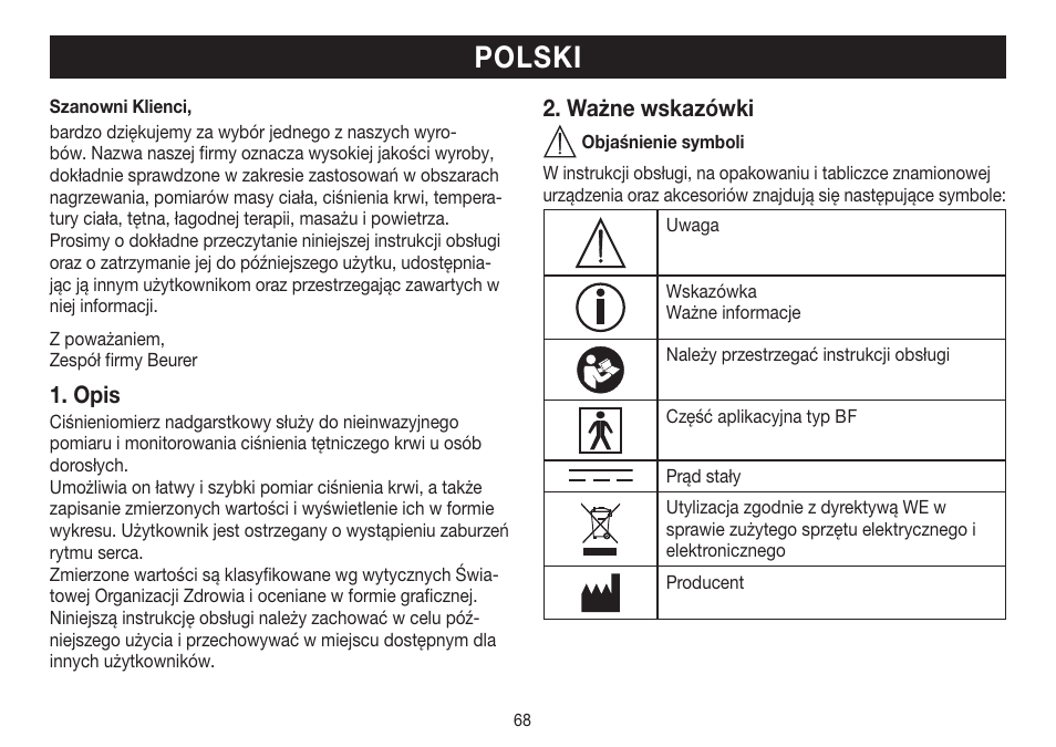 Polski, Opis, Ważne wskazówki | Beurer BC 30 User Manual | Page 68 / 80