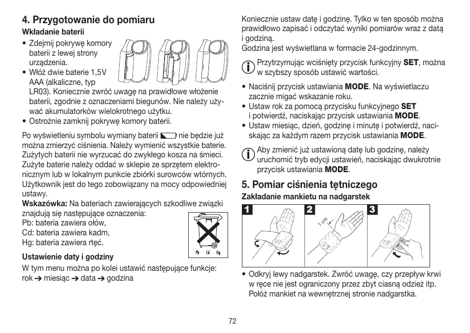 Przygotowanie do pomiaru, Pomiar ciśnienia tętniczego | Beurer BC 30 User Manual | Page 72 / 80