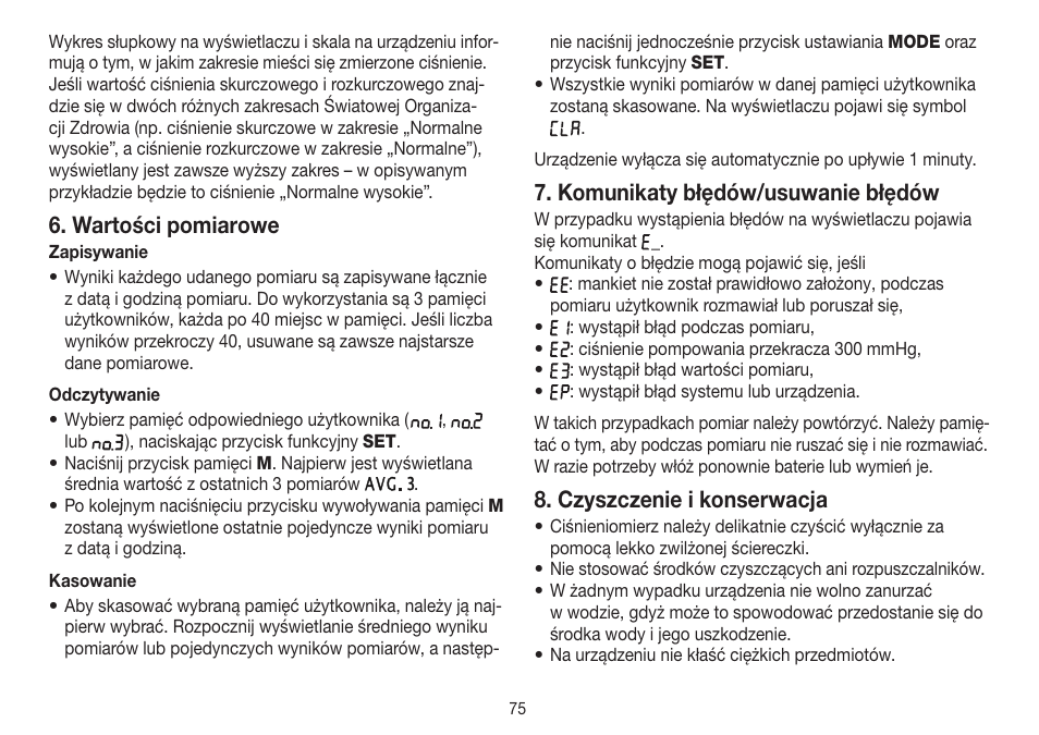 Wartości pomiarowe, Komunikaty błędów/usuwanie błędów, Czyszczenie i konserwacja | Beurer BC 30 User Manual | Page 75 / 80