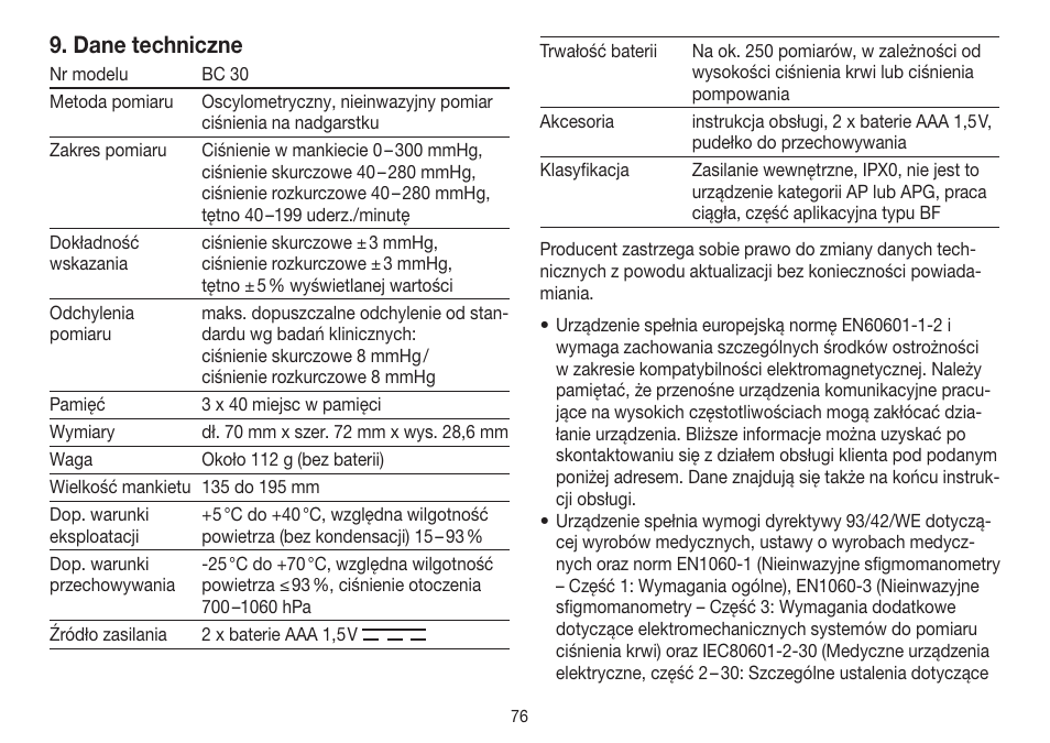 Dane techniczne | Beurer BC 30 User Manual | Page 76 / 80