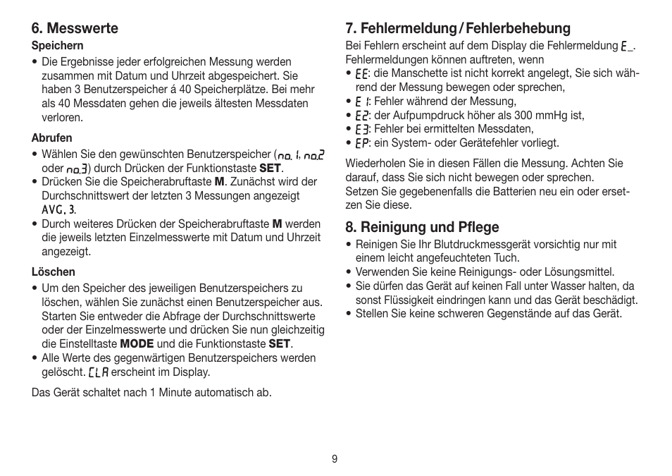 Messwerte, Fehlermeldung / fehlerbehebung, Reinigung und pflege | Beurer BC 30 User Manual | Page 9 / 80