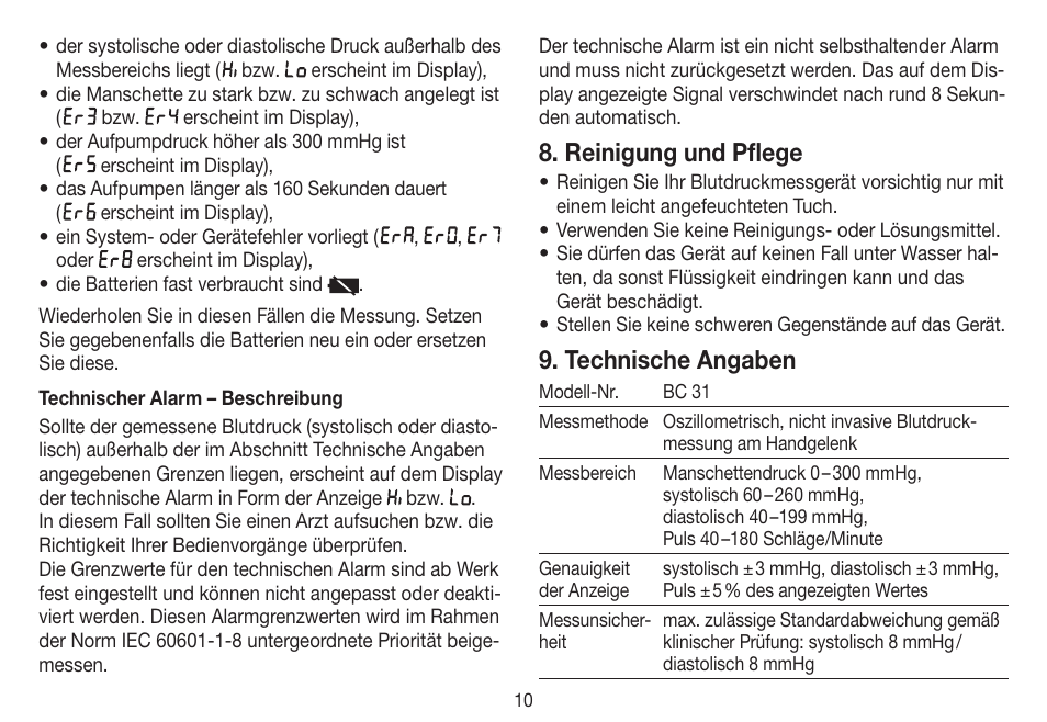 Reinigung und pflege, Technische angaben | Beurer BC 31 User Manual | Page 10 / 92