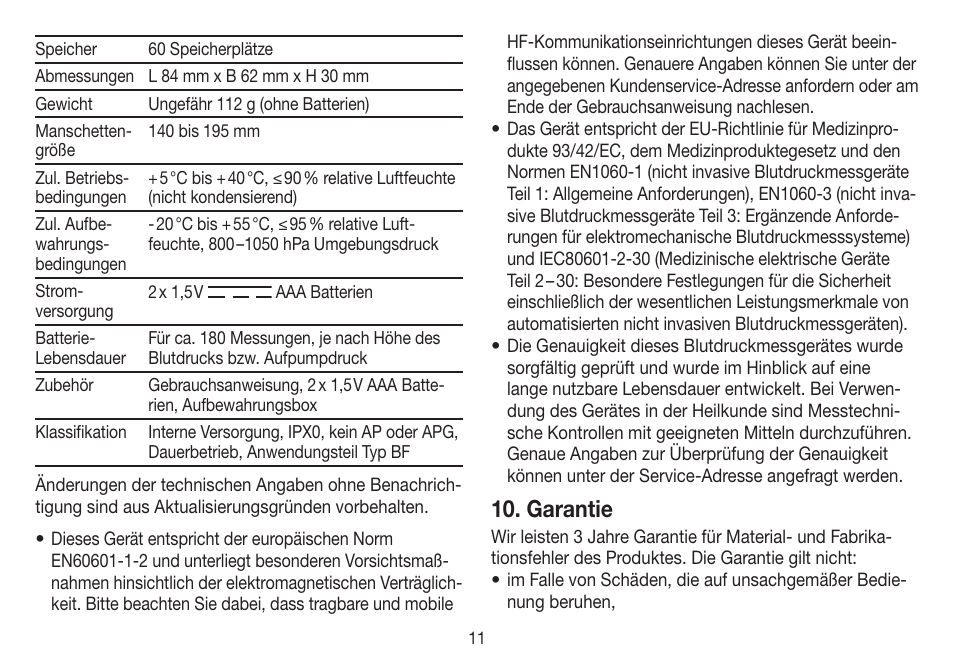 Garantie | Beurer BC 31 User Manual | Page 11 / 92