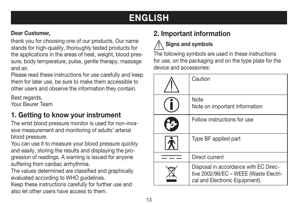 English, Getting to know your instrument, Important information | Beurer BC 31 User Manual | Page 13 / 92