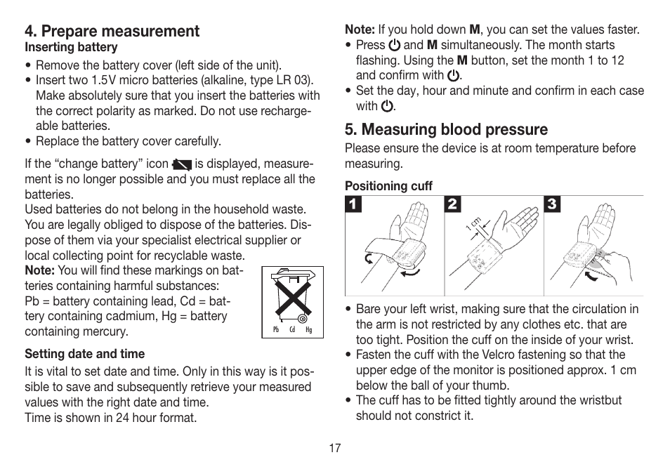 Prepare measurement, Measuring blood pressure | Beurer BC 31 User Manual | Page 17 / 92