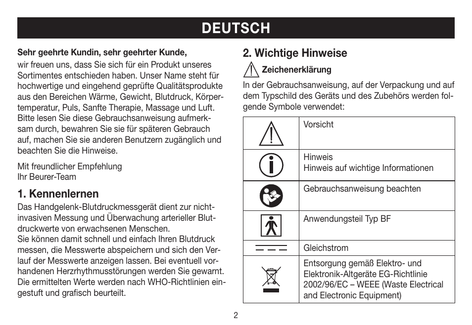 Deutsch, Kennenlernen, Wichtige hinweise | Beurer BC 31 User Manual | Page 2 / 92