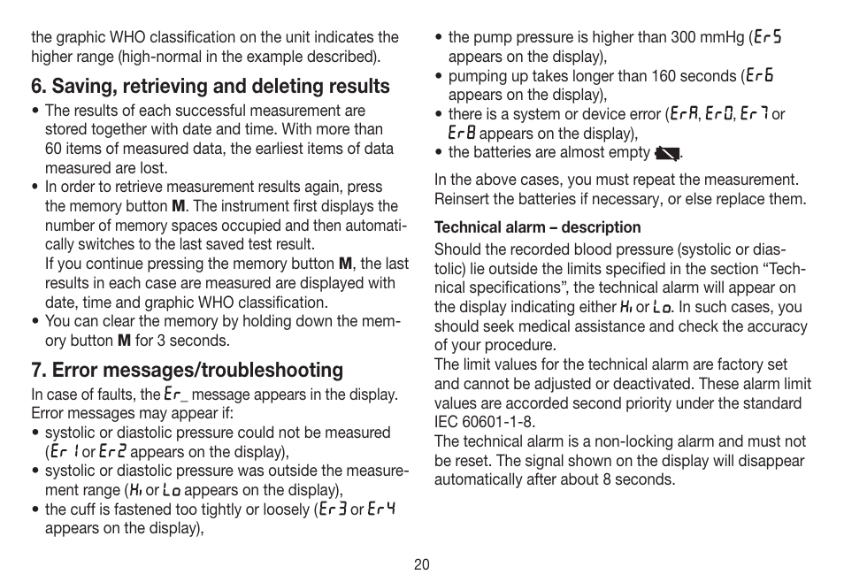 Saving, retrieving and deleting results, Error messages/troubleshooting | Beurer BC 31 User Manual | Page 20 / 92