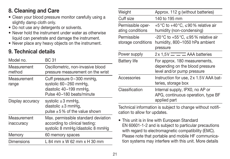 Cleaning and care, Technical details | Beurer BC 31 User Manual | Page 21 / 92