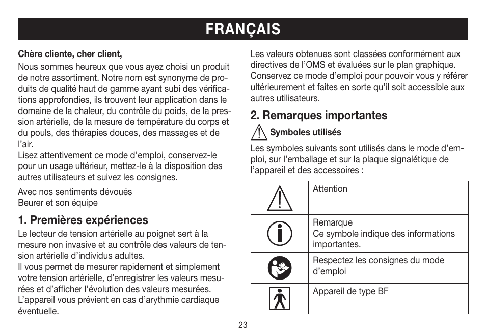 Français, Premières expériences, Remarques importantes | Beurer BC 31 User Manual | Page 23 / 92