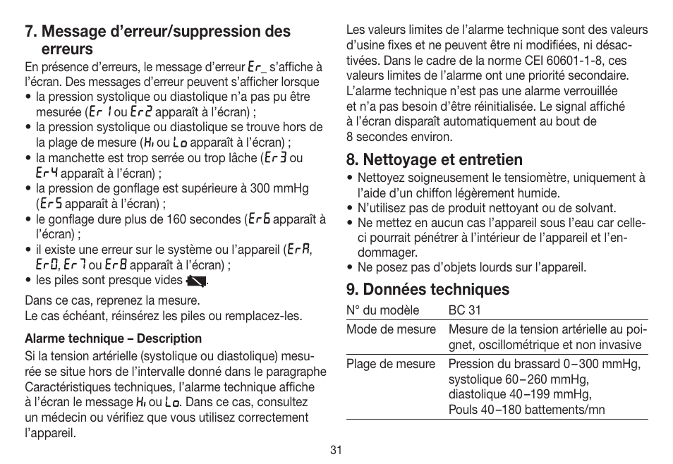 Message d’erreur/suppression des erreurs, Nettoyage et entretien, Données techniques | Beurer BC 31 User Manual | Page 31 / 92