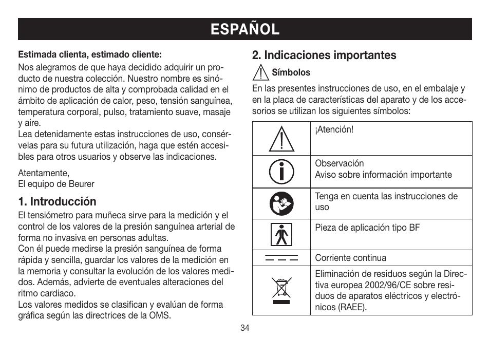 Español, Introducción, Indicaciones importantes | Beurer BC 31 User Manual | Page 34 / 92