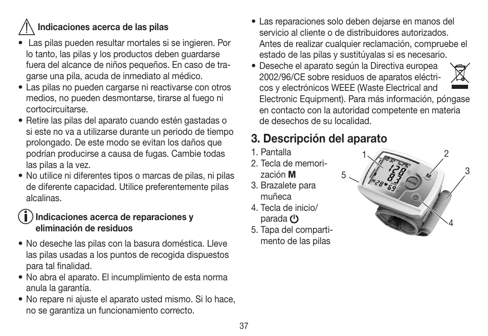 Descripción del aparato | Beurer BC 31 User Manual | Page 37 / 92