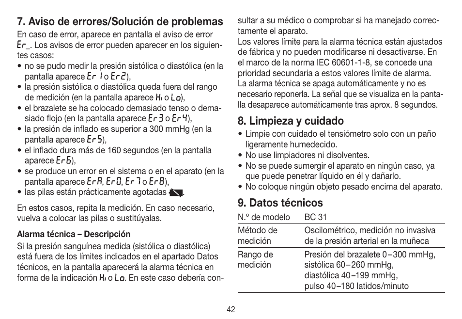 Aviso de errores/solución de problemas, Limpieza y cuidado, Datos técnicos | Beurer BC 31 User Manual | Page 42 / 92