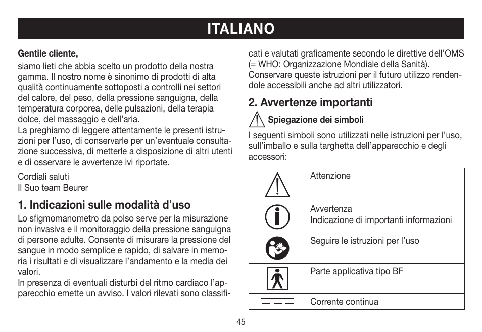 Italiano, Indicazioni sulle modalità d’uso, Avvertenze importanti | Beurer BC 31 User Manual | Page 45 / 92