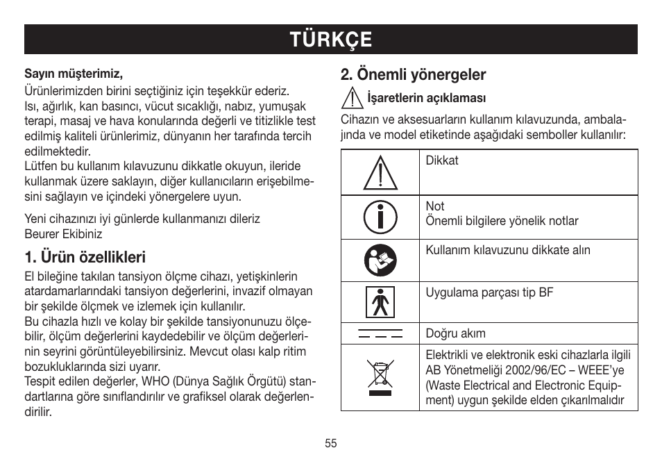 Türkçe, Ürün özellikleri, Önemli yönergeler | Beurer BC 31 User Manual | Page 55 / 92