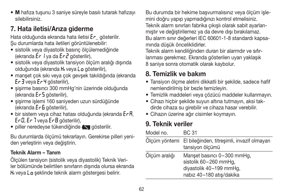 Hata iletisi/arıza giderme, Temizlik ve bakım, Teknik veriler | Beurer BC 31 User Manual | Page 62 / 92