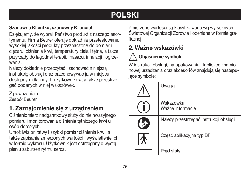 Polski, Zaznajomienie się z urządzeniem, Ważne wskazówki | Beurer BC 31 User Manual | Page 76 / 92