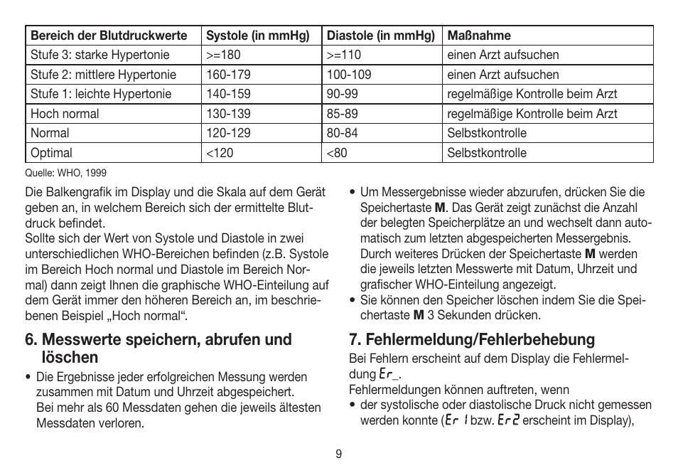 Messwerte speichern, abrufen und löschen, Fehlermeldung/fehlerbehebung | Beurer BC 31 User Manual | Page 9 / 92