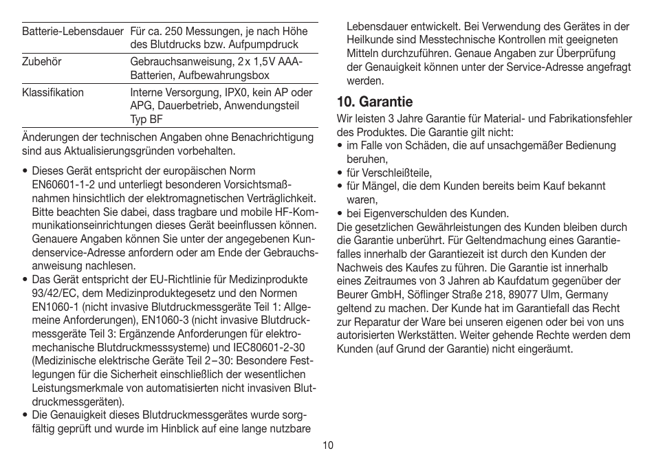 Garantie | Beurer BC 32 User Manual | Page 10 / 76