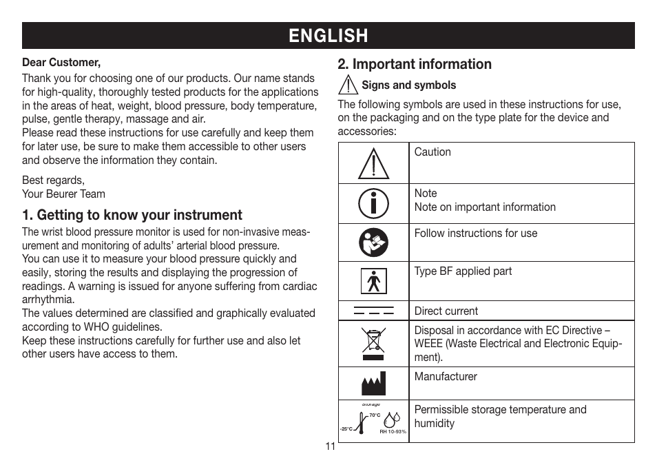 English, Getting to know your instrument, Important information | Beurer BC 32 User Manual | Page 11 / 76