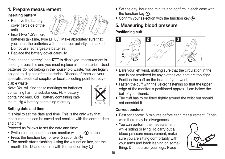 Prepare measurement, Measuring blood pressure | Beurer BC 32 User Manual | Page 15 / 76