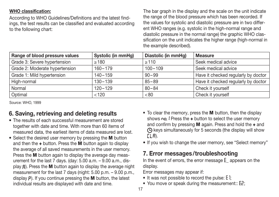 Saving, retrieving and deleting results, Error messages / troubleshooting | Beurer BC 32 User Manual | Page 17 / 76