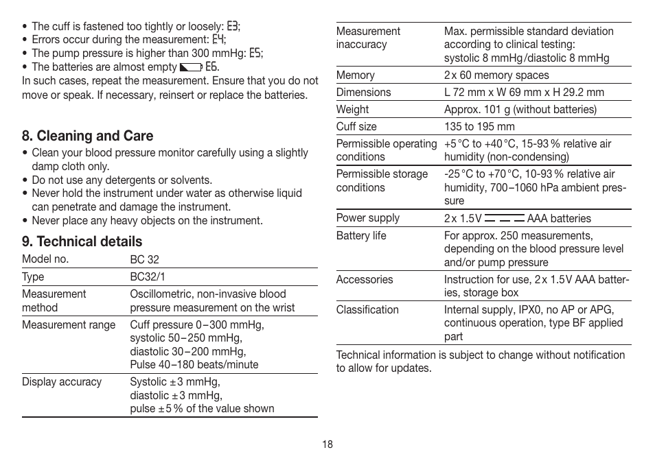 Cleaning and care, Technical details | Beurer BC 32 User Manual | Page 18 / 76