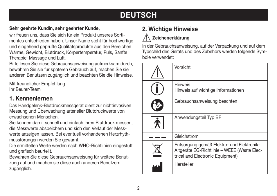 Deutsch, Kennenlernen, Wichtige hinweise | Beurer BC 32 User Manual | Page 2 / 76