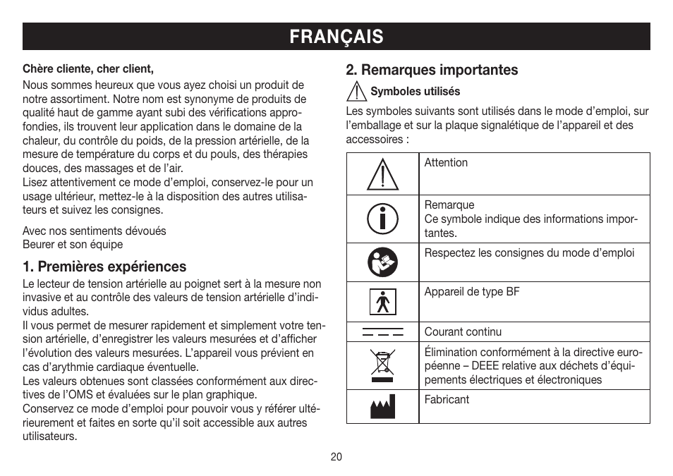 Français, Premières expériences, Remarques importantes | Beurer BC 32 User Manual | Page 20 / 76