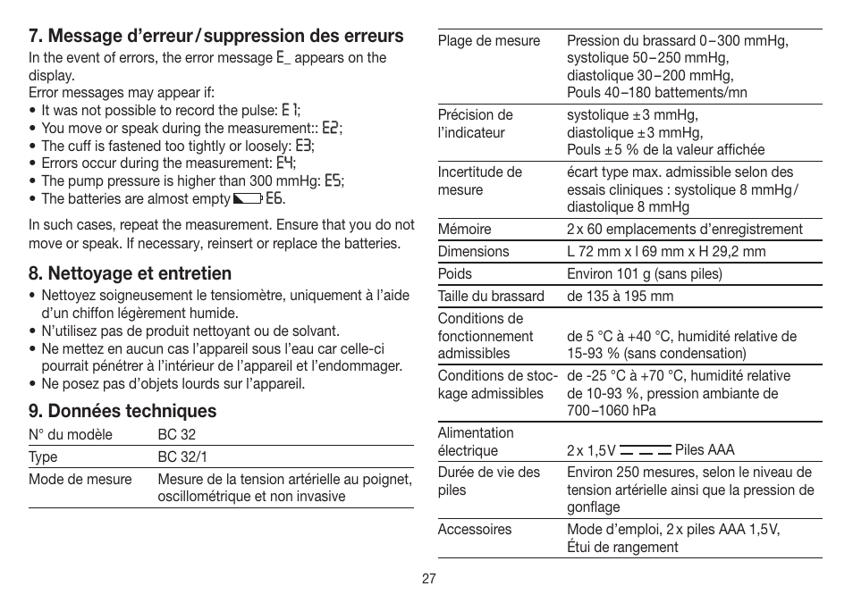 Message d’erreur / suppression des erreurs, Nettoyage et entretien, Données techniques | Beurer BC 32 User Manual | Page 27 / 76