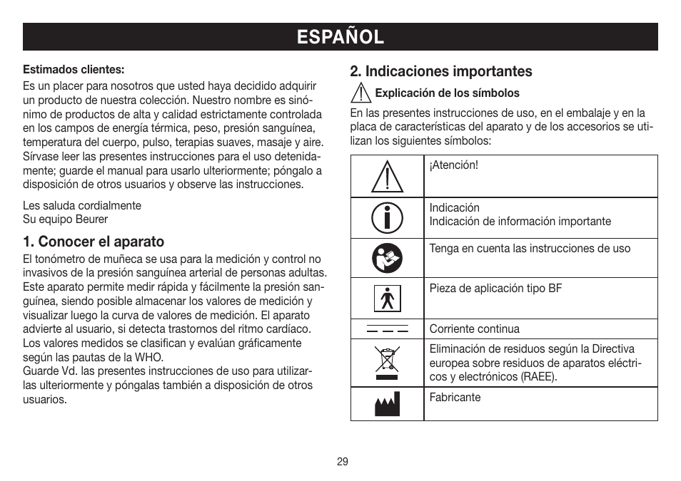 Español, Conocer el aparato, Indicaciones importantes | Beurer BC 32 User Manual | Page 29 / 76