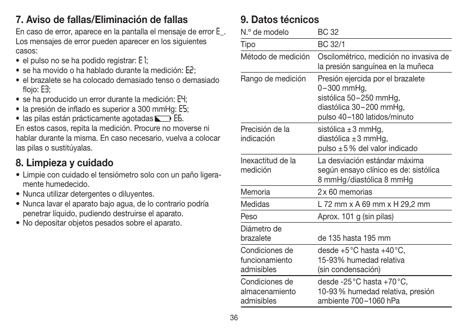 Aviso de fallas/eliminación de fallas, Limpieza y cuidado, Datos técnicos | Beurer BC 32 User Manual | Page 36 / 76