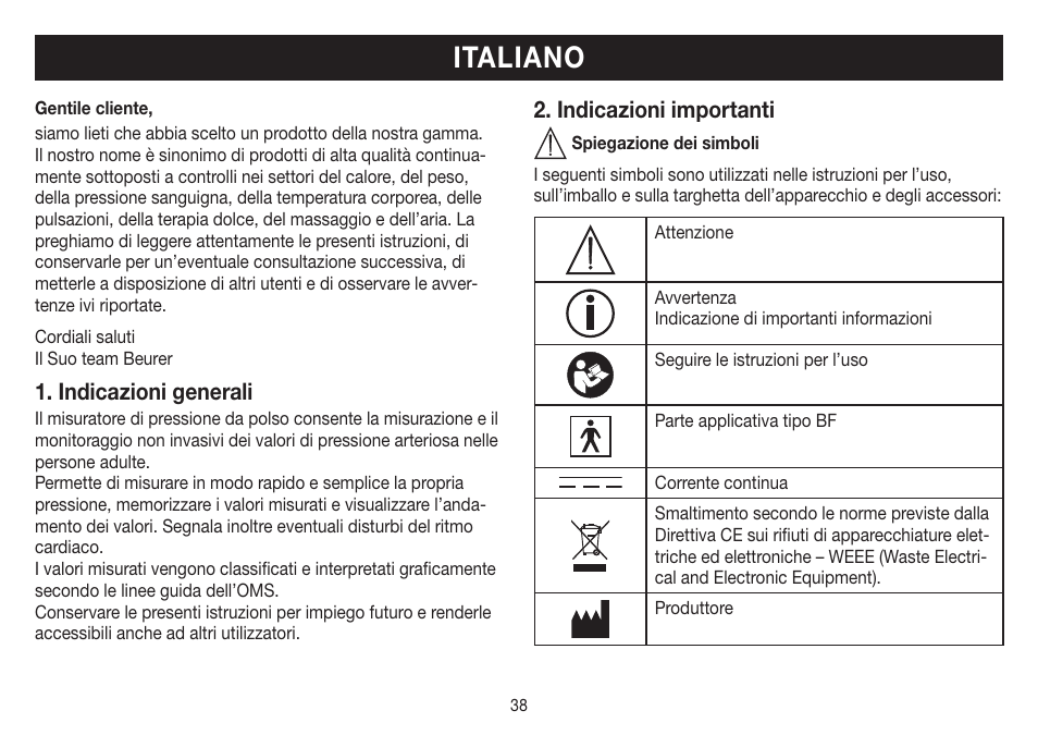 Italiano, Indicazioni generali, Indicazioni importanti | Beurer BC 32 User Manual | Page 38 / 76