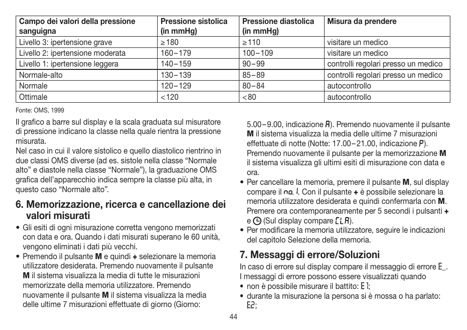 Messaggi di errore/soluzioni | Beurer BC 32 User Manual | Page 44 / 76