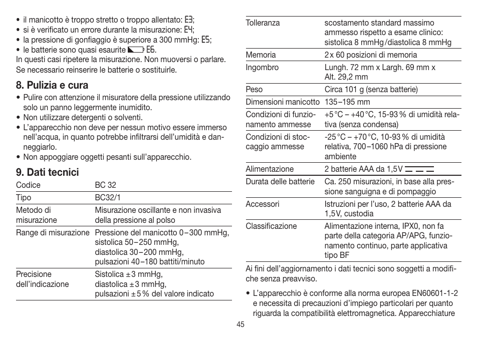 Pulizia e cura, Dati tecnici | Beurer BC 32 User Manual | Page 45 / 76