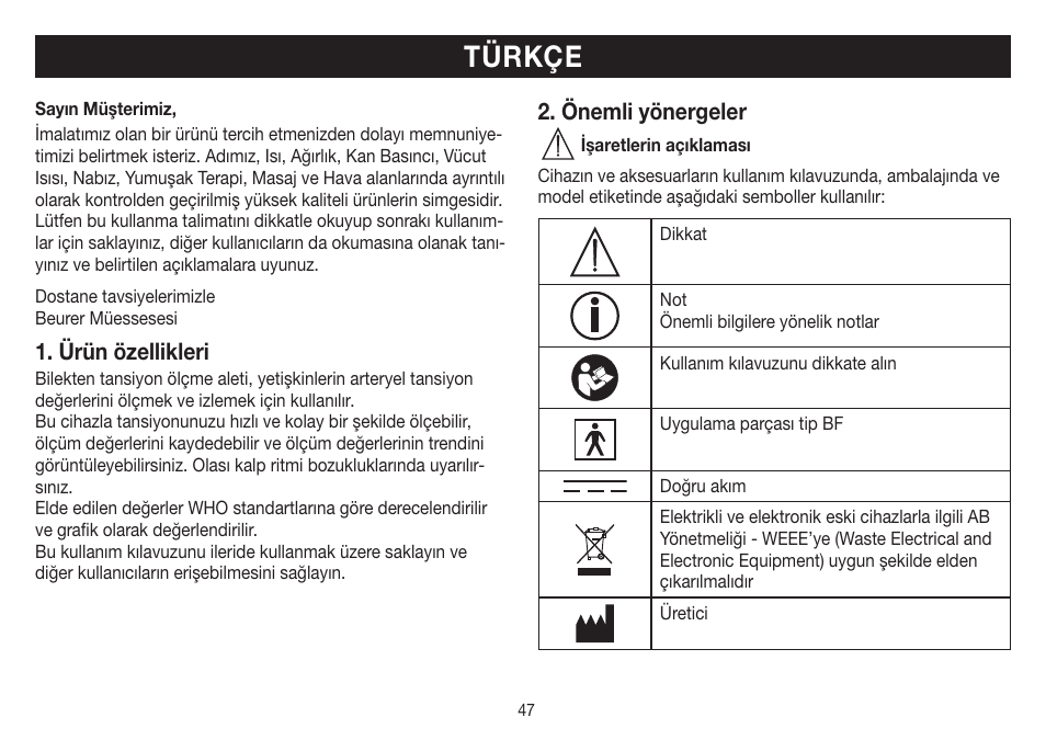 Türkçe, Ürün özellikleri, Önemli yönergeler | Beurer BC 32 User Manual | Page 47 / 76