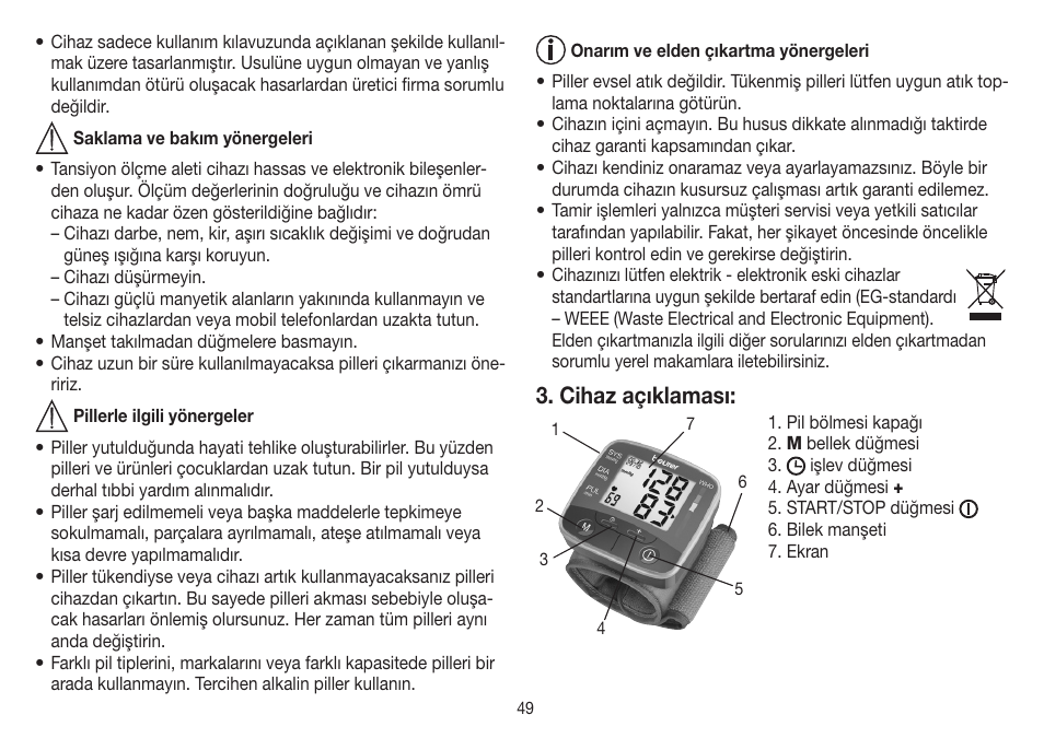 Cihaz açıklaması | Beurer BC 32 User Manual | Page 49 / 76