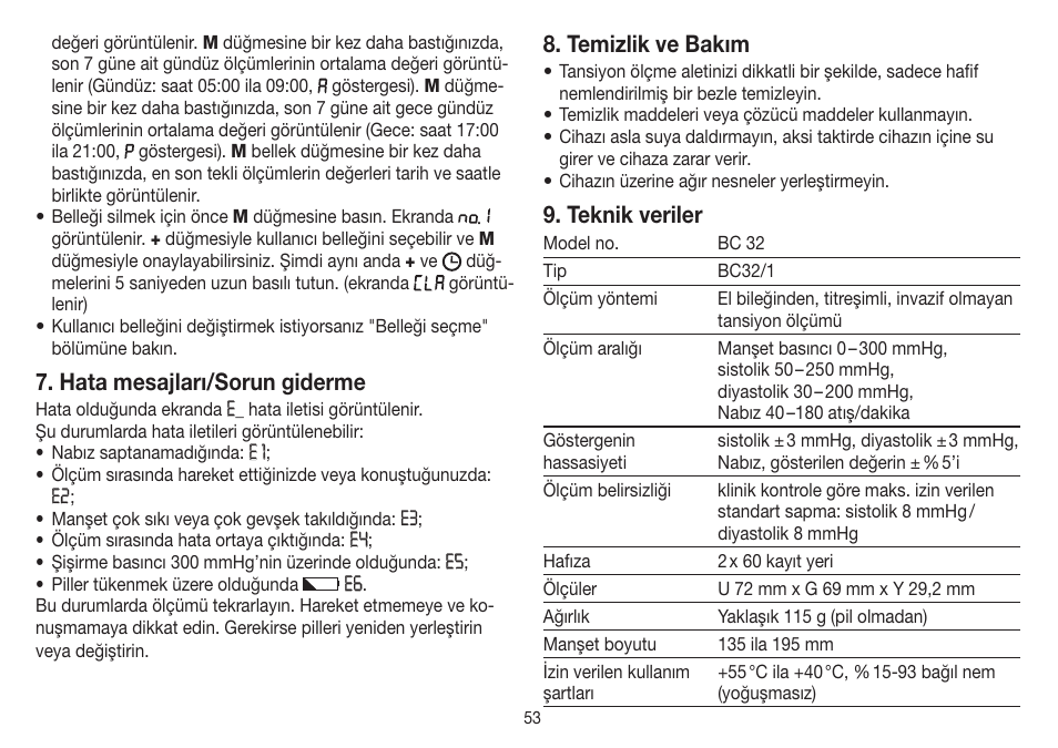 Hata mesajları/sorun giderme, Temizlik ve bakım, Teknik veriler | Beurer BC 32 User Manual | Page 53 / 76