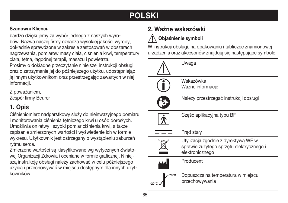 Polski, Opis, Ważne wskazówki | Beurer BC 32 User Manual | Page 65 / 76