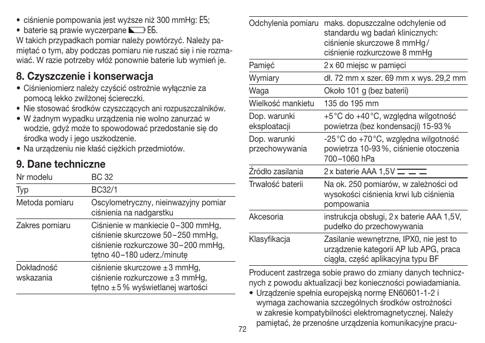 Czyszczenie i konserwacja, Dane techniczne | Beurer BC 32 User Manual | Page 72 / 76