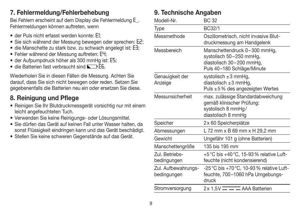 Fehlermeldung/fehlerbehebung, Reinigung und pflege, Technische angaben | Beurer BC 32 User Manual | Page 9 / 76