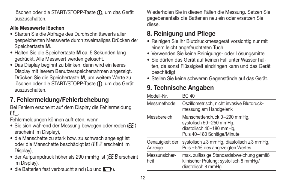 Fehlermeldung/fehlerbehebung, Reinigung und pflege, Technische angaben | Beurer BC 40 User Manual | Page 12 / 104