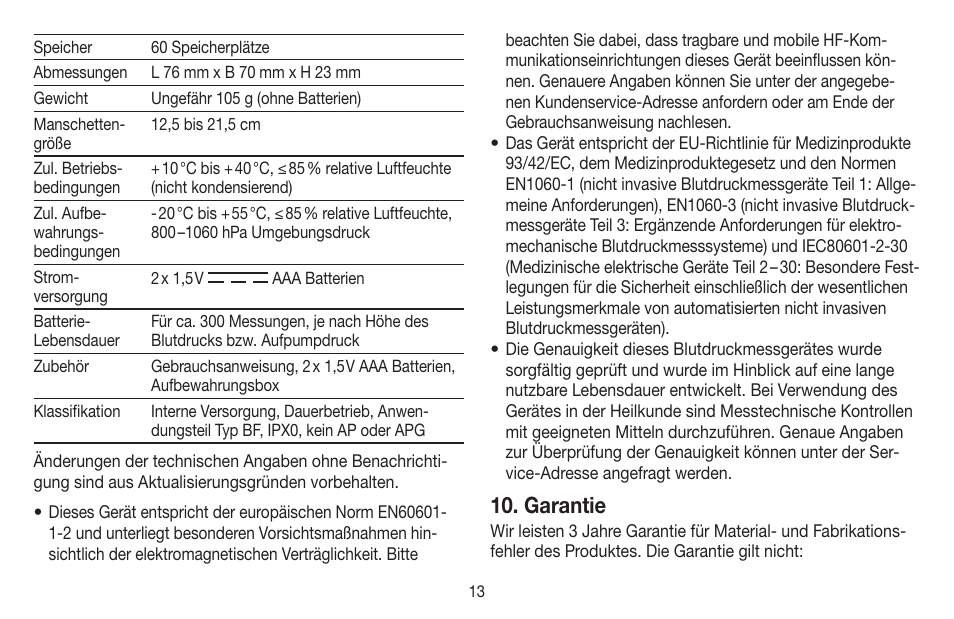 Garantie | Beurer BC 40 User Manual | Page 13 / 104