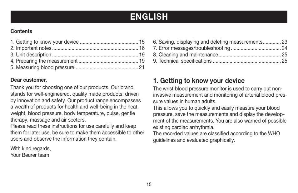 English, Getting to know your device | Beurer BC 40 User Manual | Page 15 / 104